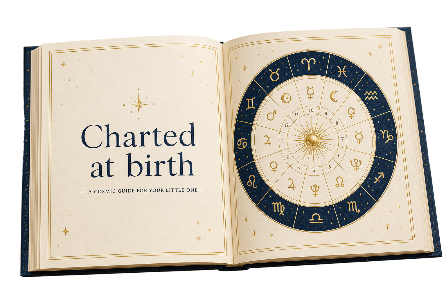 Open cosmic guide book showing 'Charted at birth' page and a zodiac birth chart wheel