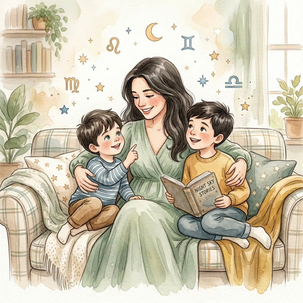 A mother with her two sons surrounded by celestial symbols
