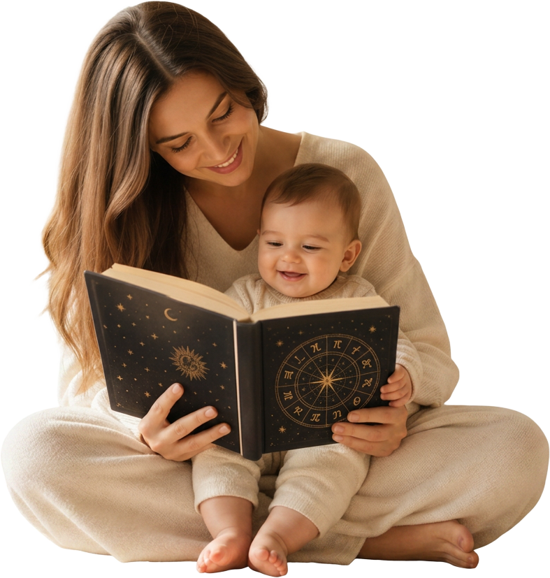 A mother reading a black zodiac book with her smiling baby